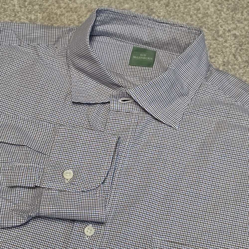 Sid Mashburn Mens Large Blue Brown Check Button Front Dress Shirt 100% Cotton